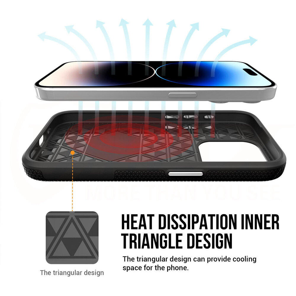 Obraz przedstawia czarną nakładkę na telefon z trójkątnym wzorem wewnętrznym, który wspomaga odprowadzanie ciepła. Widoczny jest tekst: \'HEAT DISSIPATION INNER TRIANGLE DESIGN The triangular design can provide cooling space for the phone.\'