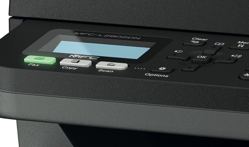 Urządzenie wielofunkcyjne BROTHER MFC-L2802DN Automatyczny druk dwustronny zbliżenie na wyświetlacz na białym tle czytelny wyświetlacz LCD 2-wierszowy monitorowanie statusu prosta przejrzysta obsługa urządzenia