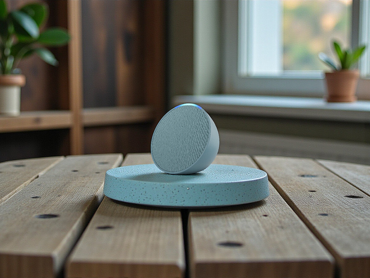 AMAZON Echo Pop Zielony, głośnik, obsługa, dźwięk, mikrofon, Echo pop stoi na podstawce na stoli drewnianym w pokoju gościnnym