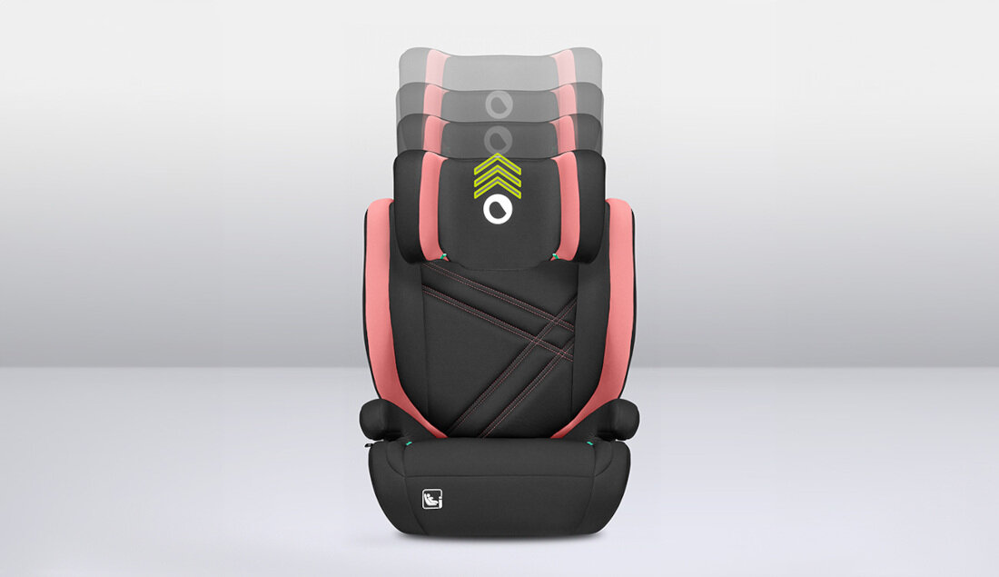 Fotelik samochodowy LIONELO Hugo I-Size (15-36 kg) Czarno-różowyy 10-stopniowa regulacja zagłówka dostosowanie wysokosc