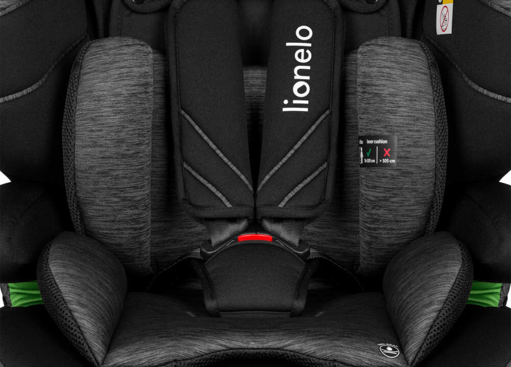 Fotelik samochodowy LIONELO Levi One i-Size (9-36 kg) Czarno-szary Uniwersalna metoda montażu wzrost zakres 5-punktowa uprzęż wygodne podłokietniki