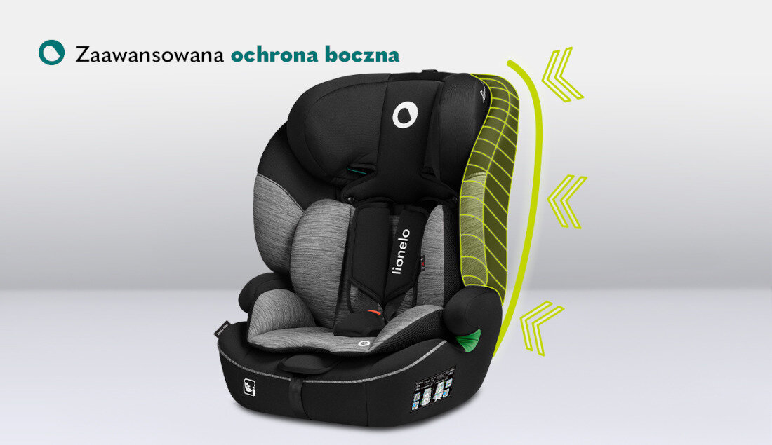 Fotelik samochodowy LIONELO Levi I-Size (9-36 kg) Czarno-szary Wysoki standard norma i-Size wzmocnienie pianka Memory Foam ochrona