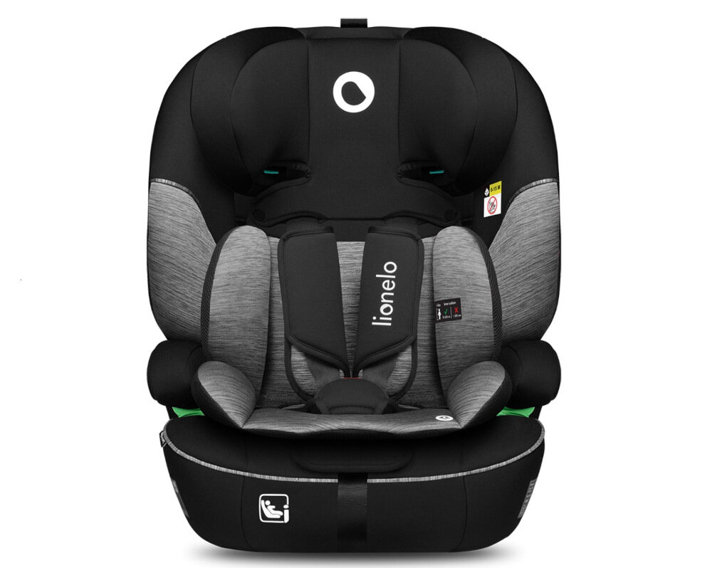Fotelik samochodowy LIONELO Levi I-Size (9-36 kg) Czarno-szary Uniwersalna metoda montażu wzrost zakres 5-punktowa uprzęż wygodne podłokietniki