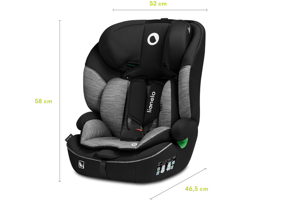 Fotelik samochodowy LIONELO Levi I-Size (9-36 kg) Czarno-szary 10-stopniowej regulacji zagłówka Szerokie siedzisko system Dri-Seat