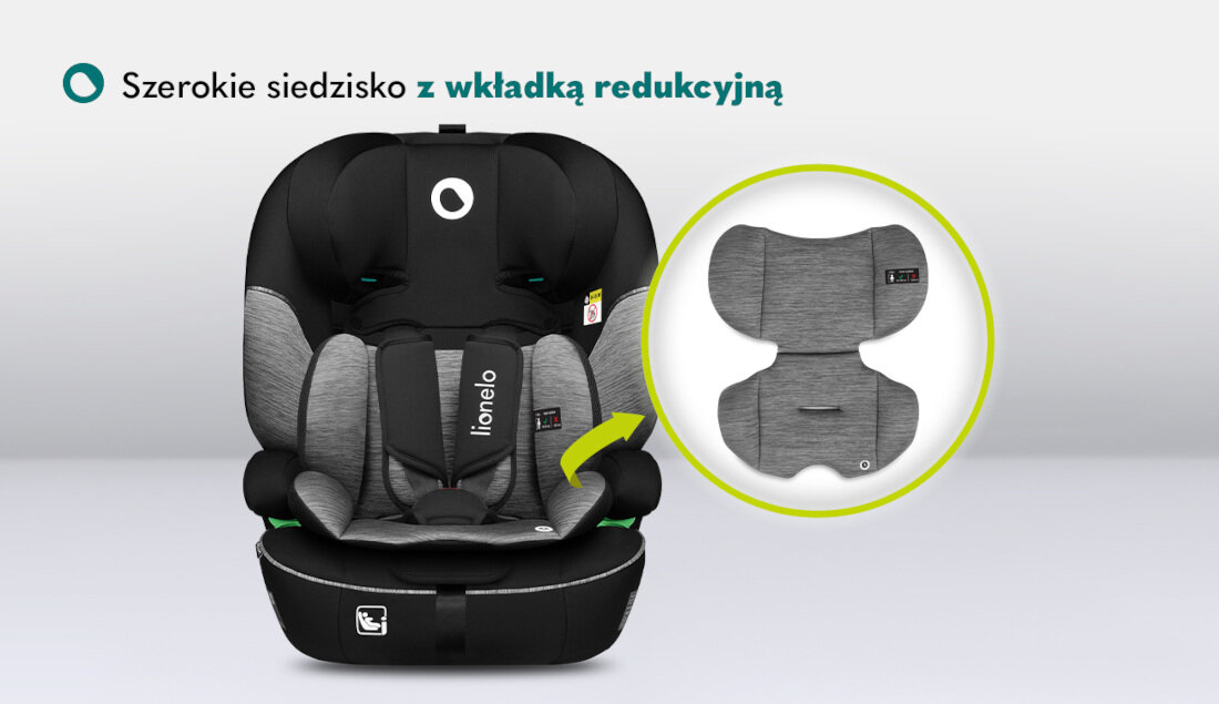 Fotelik samochodowy LIONELO Levi I-Size (9-36 kg) Czarno-szary komfort podroz przejazdzka higiena czyszczenie material wygoda demontaz