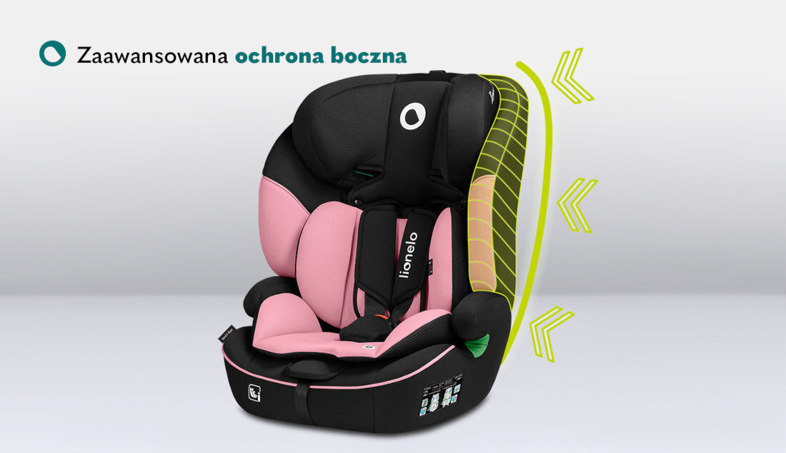 Fotelik samochodowy LIONELO Levi I-Size (9-36 kg) Czarno-różowy Wysoki standard norma i-Size wzmocnienie pianka Memory Foam ochrona