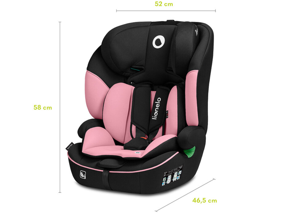 Fotelik samochodowy LIONELO Levi I-Size (9-36 kg) Czarno-różowy 10-stopniowej regulacji zagłówka Szerokie siedzisko system Dri-Seat