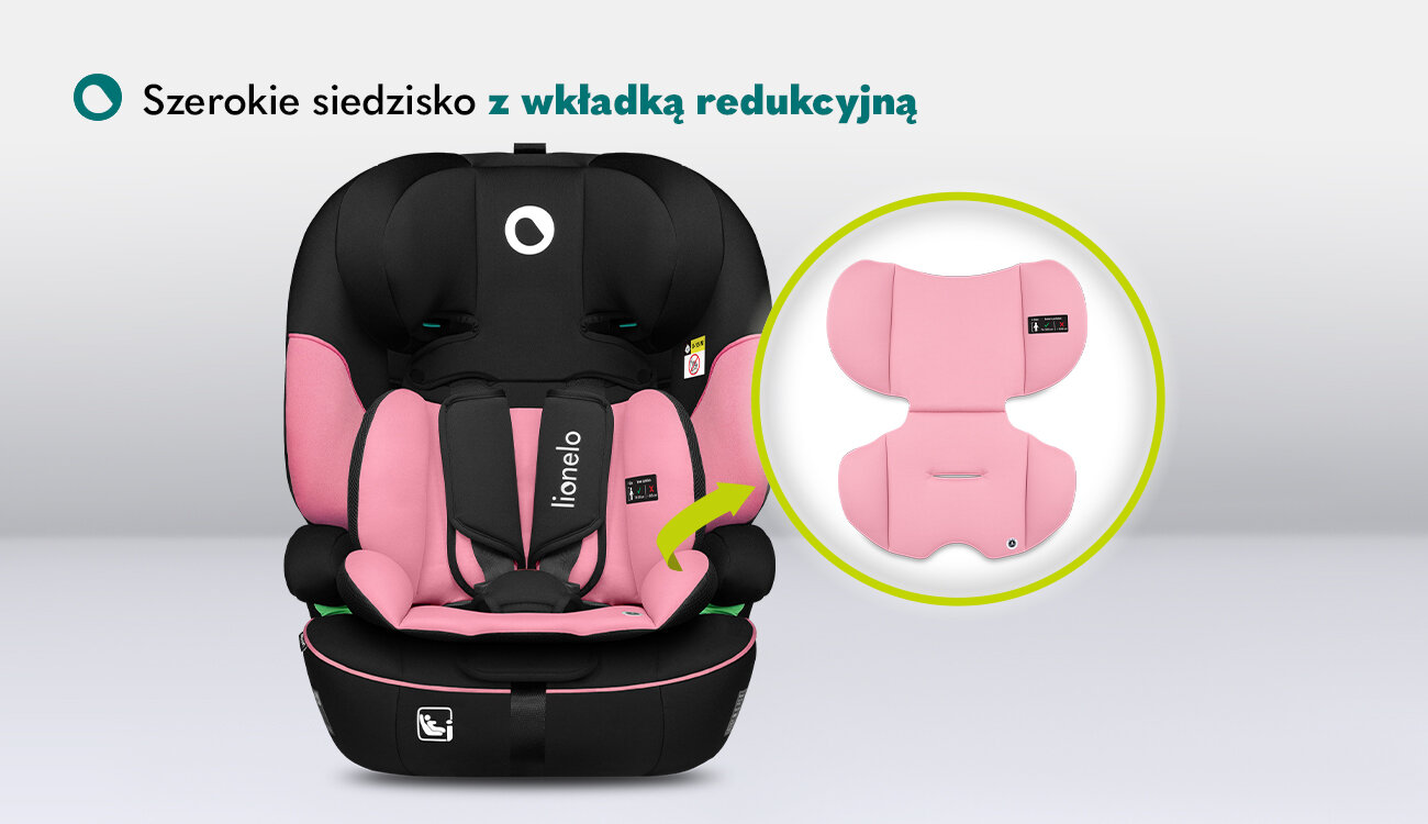 Fotelik samochodowy LIONELO Levi I-Size (9-36 kg) Czarno-różowy komfort podroz przejazdzka higiena czyszczenie material wygoda demontaz
