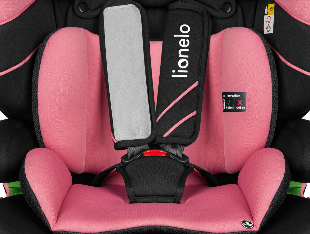 Fotelik samochodowy LIONELO Levi One i-Size (9-36 kg) Czarno-różowy Uniwersalna metoda montażu wzrost zakres 5-punktowa uprzęż wygodne podłokietniki