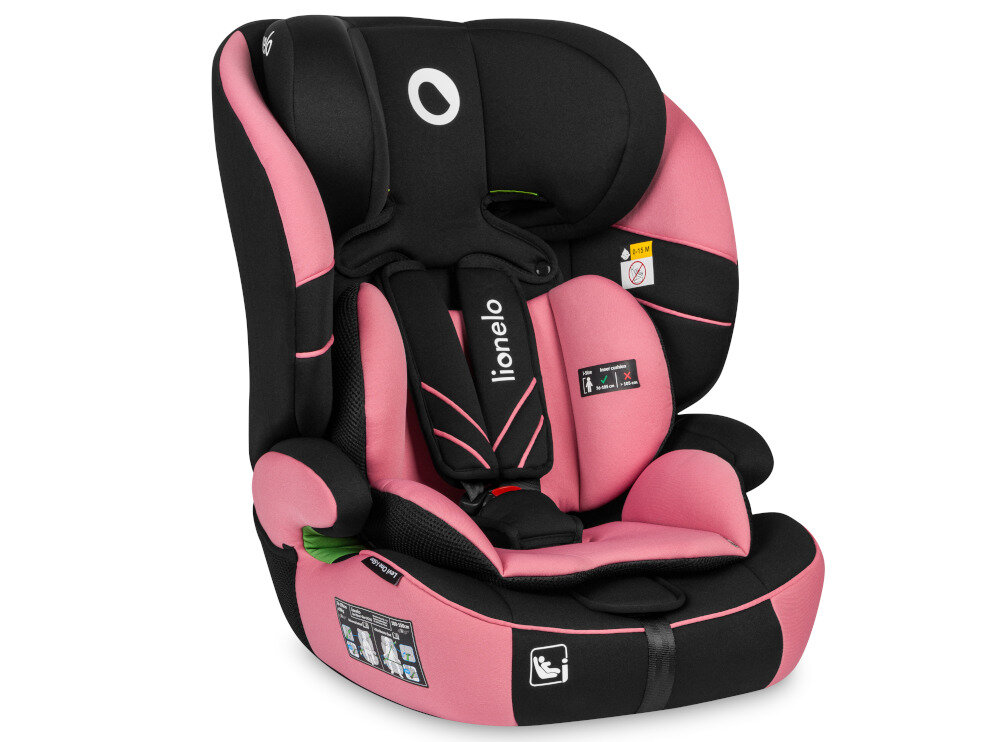 Fotelik samochodowy LIONELO Levi One i-Size (9-36 kg) Czarno-różowy 10-stopniowej regulacji zagłówka Szerokie siedzisko system Dri-Seat