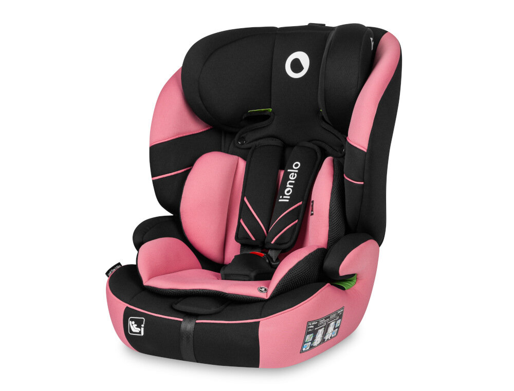 Fotelik samochodowy LIONELO Levi One i-Size (9-36 kg) Czarno-różowy komfort podroz przejazdzka higiena czyszczenie material wygoda demontaz