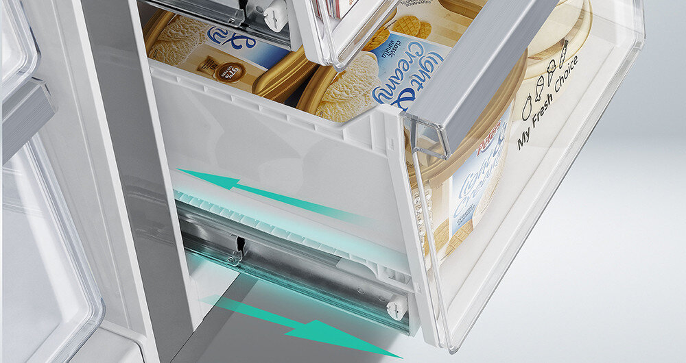 LODÓWKA HISENSE RQ758N4SBFE MD metalowe prowadnice szuflad łatwe wysuwanie