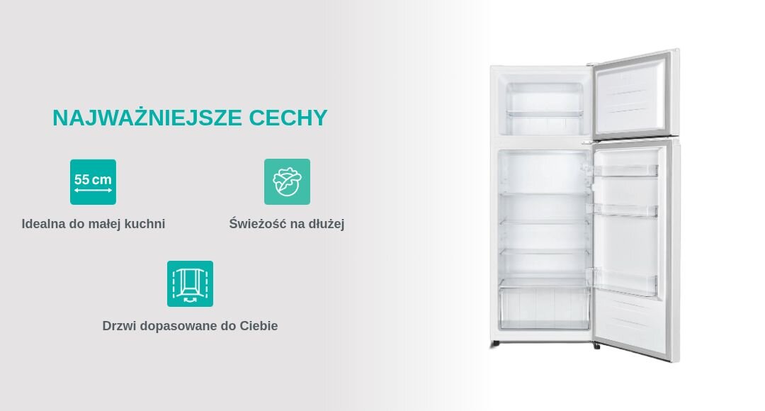 LODÓWKA GORENJE RF4142PW4 Grafika przedstawia lodówkę z otwartymi drzwiami oraz zestaw ikon podkreślających jej główne zalety: szerokość 55 cm, dłuższą świeżość żywności i możliwość zmiany kierunku otwierania drzwi. Układ elementów jasno komunikuje funkcjonalność urządzenia chłodziarko-zamrażarka 55 cm kompaktowa mała kuchnia