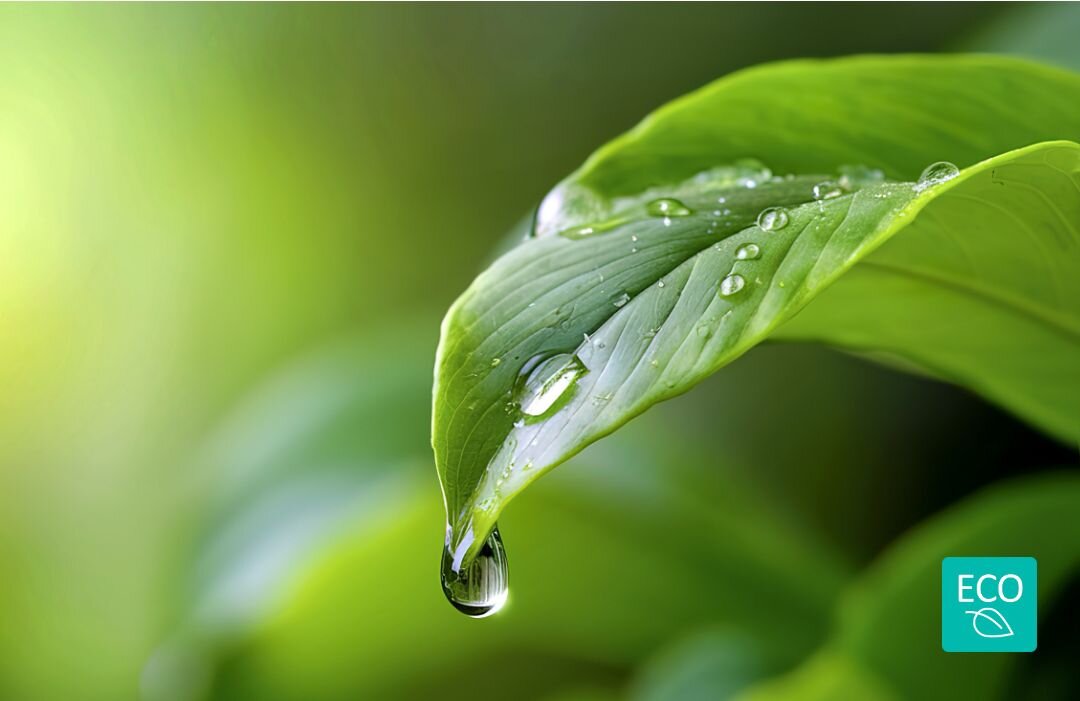 LODÓWKA GORENJE RF4142PW4 Makrofotografia liścia z kroplami wody symbolizuje oszczędność i ekologiczne działanie sprzętu. Ikona ECO wzmacnia przekaz dotyczący efektywności energetycznej tryb Eco oszczędność energii niższe zużycie temperatura