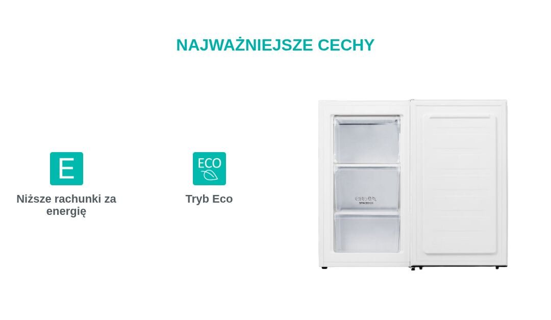ZAMRAŻARKA GORENJE F39EPW4 Grafika przedstawia najważniejsze cechy zamrażarki wraz z ikonami klasy energetycznej E i trybu Eco. Po prawej stronie widoczna jest otwarta zamrażarka z trzema szufladami tryb Eco energooszczędność chłodzenie niższe rachunki