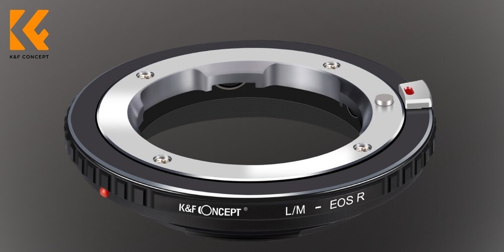 Adapter bagnetowy K&F Concept L/M–EOS R, metalowy pierścień z blokadą, na jednolitym tle kv początek opisu