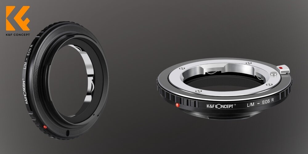 Dwa adaptery bagnetowe K&F Concept L/M–EOS R pokazane pod różnymi kątami, na ciemnym tle