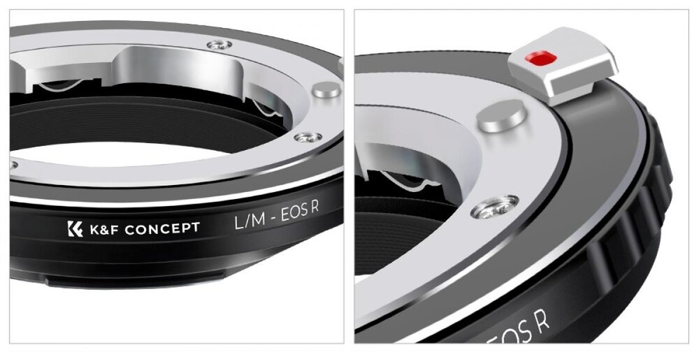 Kolaż zbliżeń adaptera K&F Concept L/M–EOS R: metalowy pierścień, blokada z czerwonym przyciskiem i oznaczenia