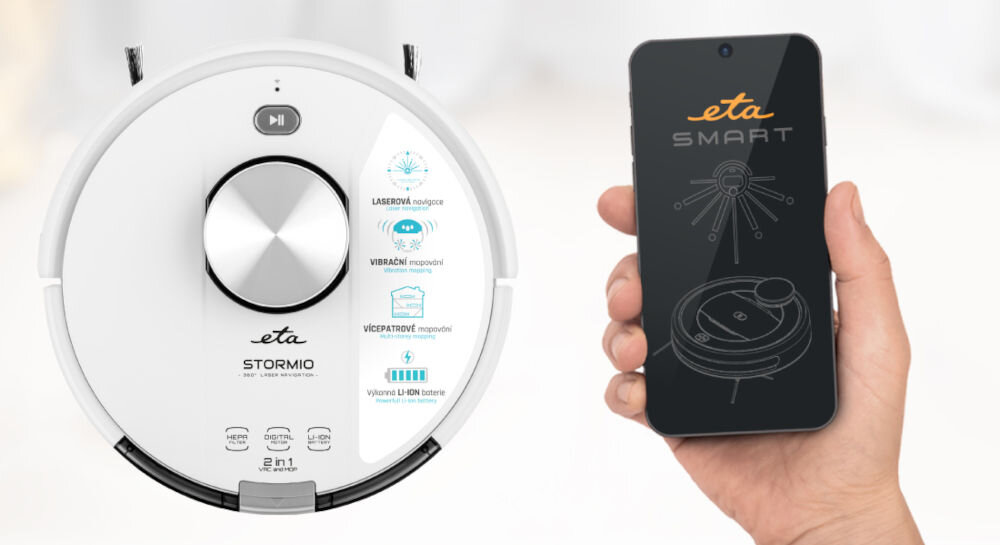 Robot sprzątający ETA Stormio 423790000 aplikacja Eta Smart Android iOS zdalne sterowanie funkcja mapowania wielokondygnacyjnego zapisanie map różnych pięter dla właścicieli domów piętrowych podgląd historii sprzątania kompleksowe czyszczenie intuicyjne funkcje wygodne i dostosowanie do potrzeb korzystanie z urządzenia 