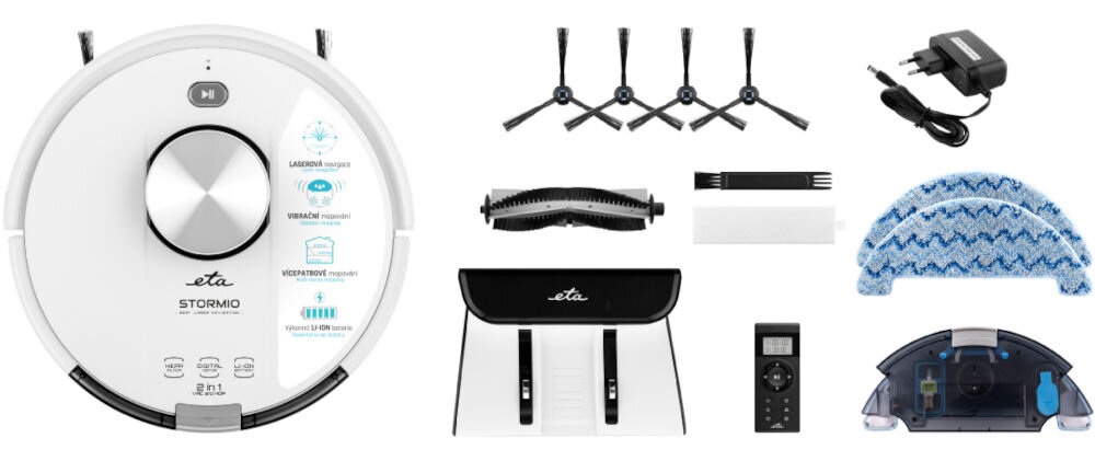 Robot sprzątający ETA Stormio 423790000 pilot zdalnego sterowania 4 szczotki boczne przystawka do mopowania 2 nasadki do mopowania filtr stacja ładująca zasilacz narzędzie do czyszczenia dokumentacja
