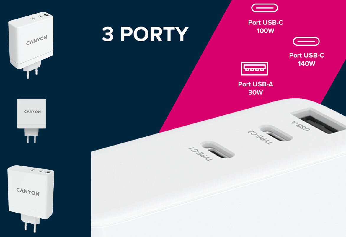 Ładowarka sieciowa CANYON H-140-01 140W Biały USB-C 100 W USB-A 30W wiele portów ładowanie wielu urządzeń