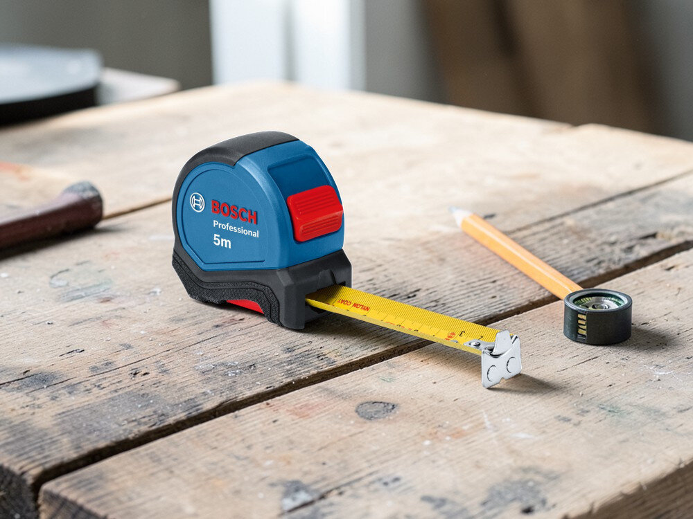 Miara zwijana BOSCH Professional 1 600 A01 6BH (5 m), zwijanie, nylon, skala, trwała, miara zwijana na stole warsztatowym