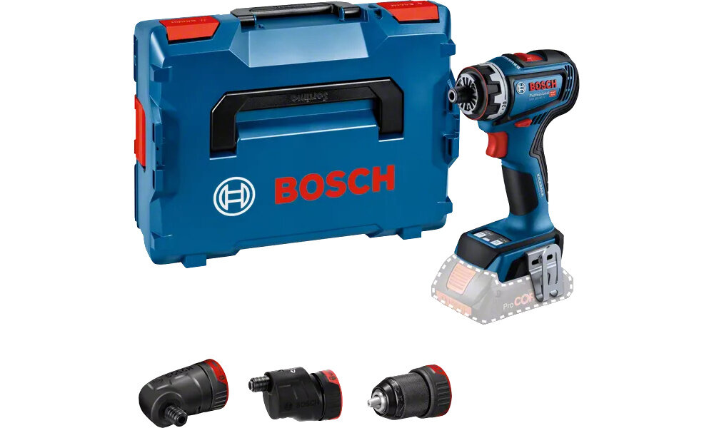 Wiertarko-wkrętarka BOSCH GSR 18V-90 FC Professional (06019K6203) zestaw na białym tle w zestawie wiertarko-wkrętarka walizka 3 uchwyty zaczep do paska dokumentacja