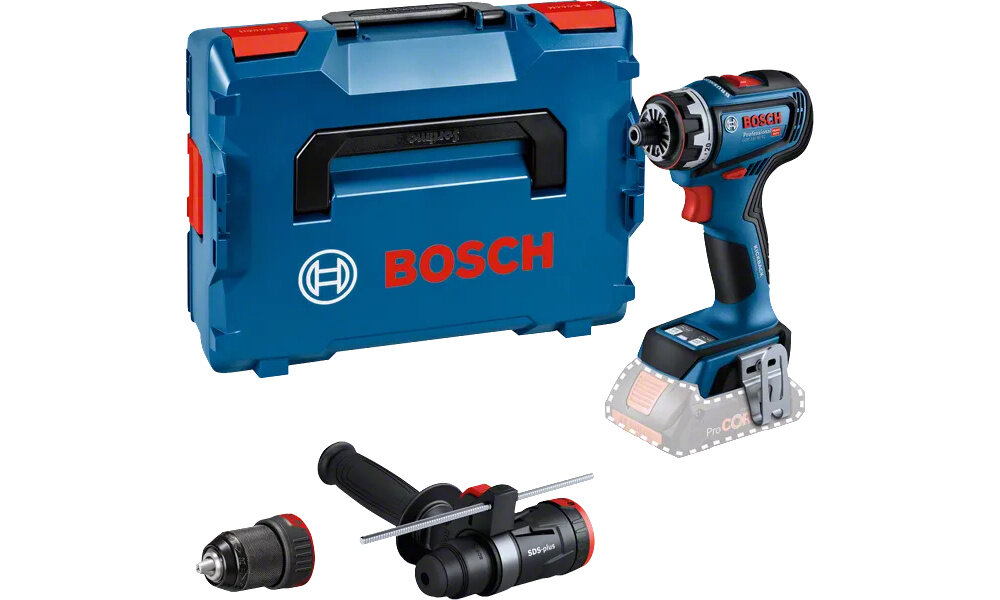 Wiertarko-wkrętarka BOSCH GSR 18V-90 FC Professional (06019K6203) zestaw na białym tle w zestawie wiertarko-wkrętarka walizka 2 uchwyty zaczep do paska dokumentacja