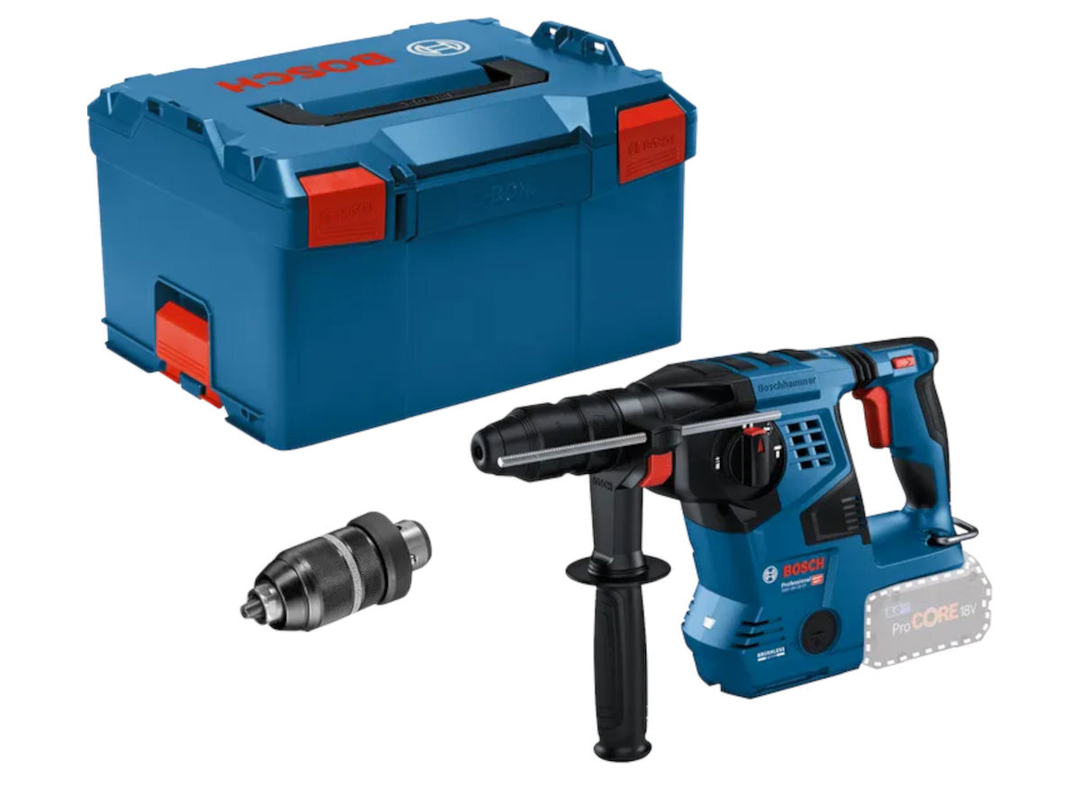 BOSCH Professional GBH 18V-28 CF, wymienny uchwyt wiertarski SDS plus, walizka L-BOXX 238, wypełnienie do L-BOXX, ogranicznik głębokości, rękojeść, smar w tubie, ściereczka do czyszczenia oraz dokumentacja - zdjęcie przedstawiające zawartość zestawu