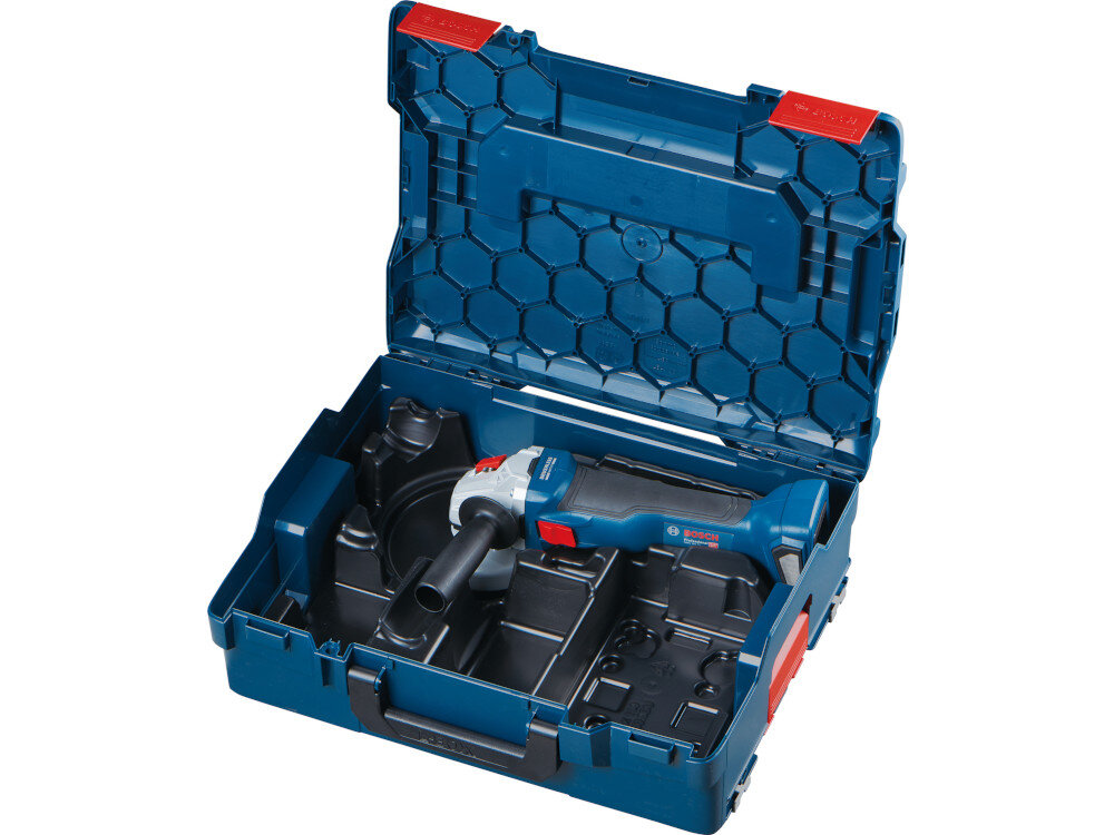 Szlifierka kątowa BOSCH Professional GWS 18V-10 P 06019J4101 otwarta walizka ze szlifierką w środku zdjęcie na białym tle wysokiej klasy elektronarzędzie walizka transportowa L-BOXX 136 zabezpiecza sprzęt podczas przenoszenia i transportu z niezwykle twardego i wytrzymałego tworzywa sztucznego wysoka odporność na uderzenia