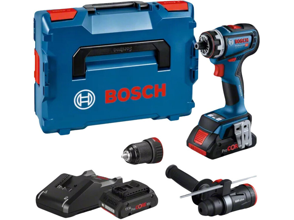 Wiertarko-wkrętarka BOSCH GSR 18V-90 FC Professional (06019K6205) zestaw na białym tle w zestawie wiertarko-wkrętarka dwa akumulatory ładowarka walizka wkład do walizki zaczep do paska dwa uchwyty dokumentacja