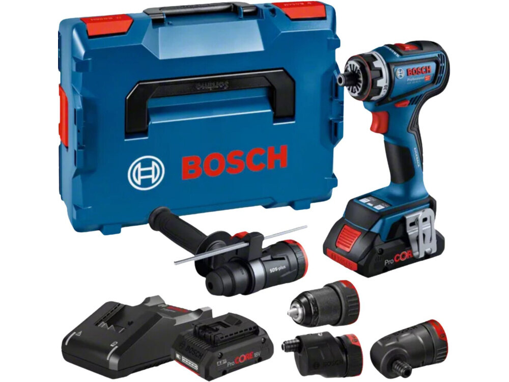 Wiertarko-wkrętarka BOSCH GSR 18V-90 FC Professional (06019K6200) zestaw na białym tle w zestawie wiertarko-wkrętarka dwa akumulatory walizka 5 uchwytów zaczep do paska dokumentacja