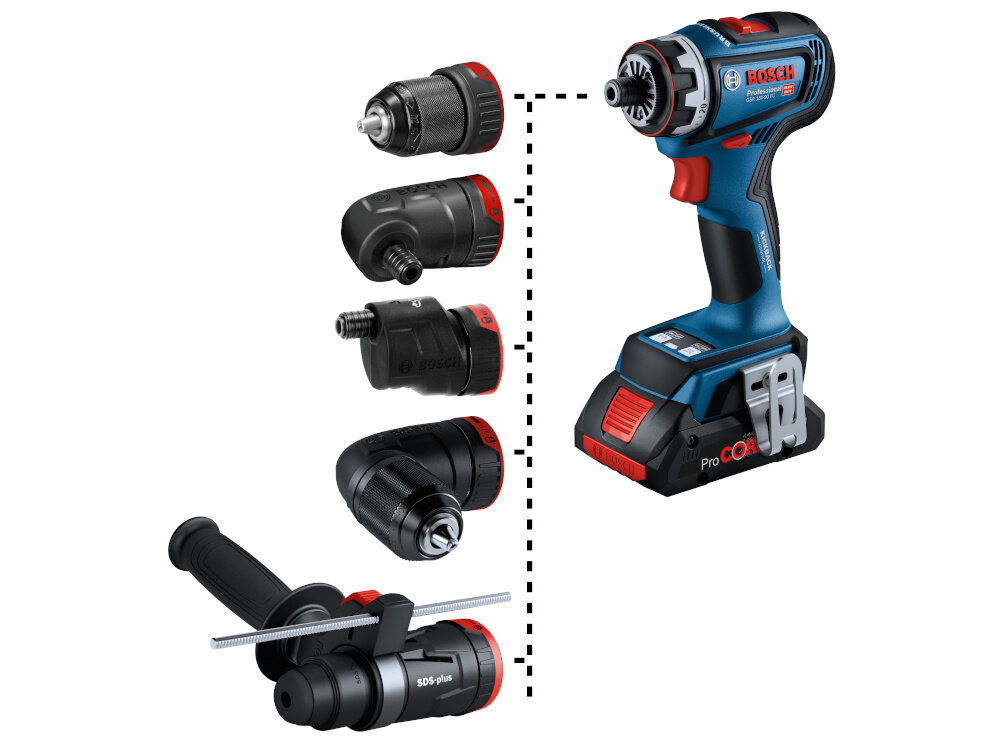 Wiertarko-wkrętarka BOSCH GSR 18V-90 FC Professional (06019K6200) białe tło wiertarko-wkrętarka obok 5 uchwytów system FlexiClick różnorodne uchwyty standardowy wiertarski do bitów kątowy do pracy blisko krawędzi młot udarowo-obrotowy SDS plus wiercenie otworów do 10 mm w betonie, murze i kamieniu można ustawiać pod kątem do 360° i blokować w 16 pozycjach blisko krawędzi, w narożnikach, pod kątem 90° lub w standardowej pozycji