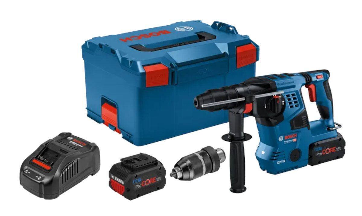 BOSCH Professional GBH 18V-28 CF 2 akumulatory ProCORE18V 8.0Ah, szybka ładowarka GAL 1880 CV, wymienny uchwyt wiertarski SDS plus, walizka L-BOXX 238, wypełnienie do L-BOXX, ogranicznik głębokości, rękojeść, smar w tubie, ściereczka do czyszczenia oraz dokumentacja - zdjęcie przedstawiające zawartość zestawu