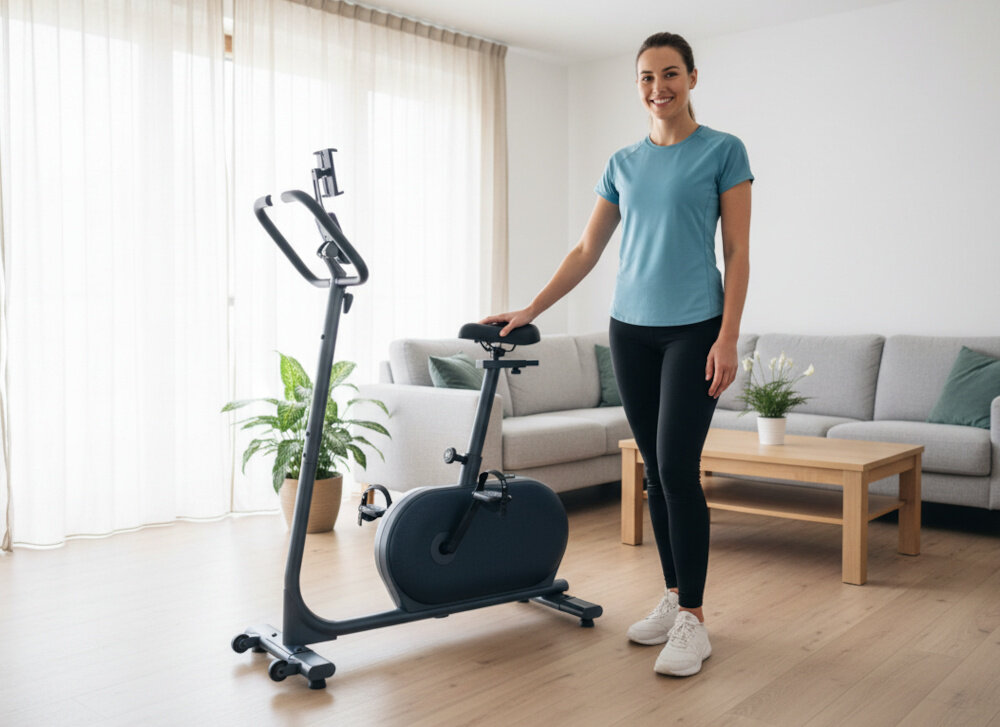 Rower indukcyjny KETTLER Hoi Ride+ pokój salon rower ustawiony po środku pokoju obok stoi osoba w stroju sportowym w tle kanapa komfort zdrowie trening aktywność