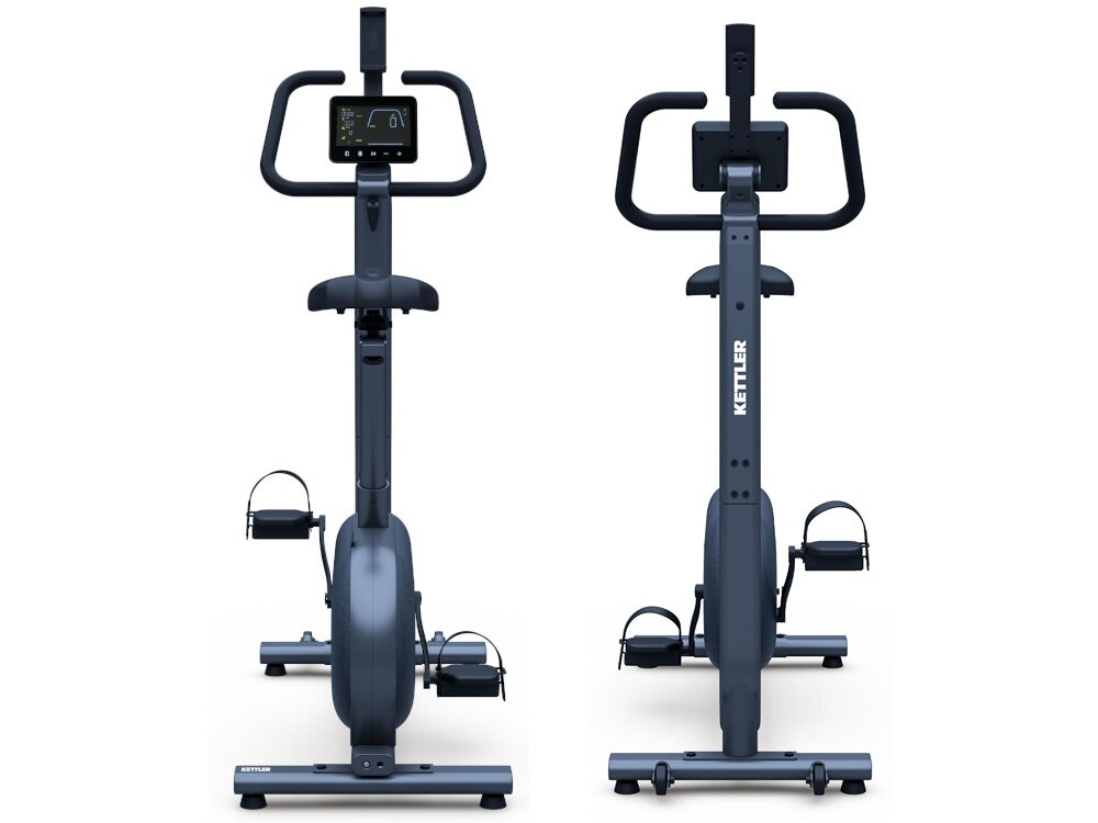 Rower indukcyjny KETTLER Hoi Ride+ rower w dwóch ujęciach widok od przodu i od tyłu białe tło współpracuje z pasami telemetrycznymi Bluetooth/ANT+ trening w wybranych strefach tętna ćwiczenia są bezpieczne i efektywne W trybie HRC komputer automatycznie dostosowuje opór