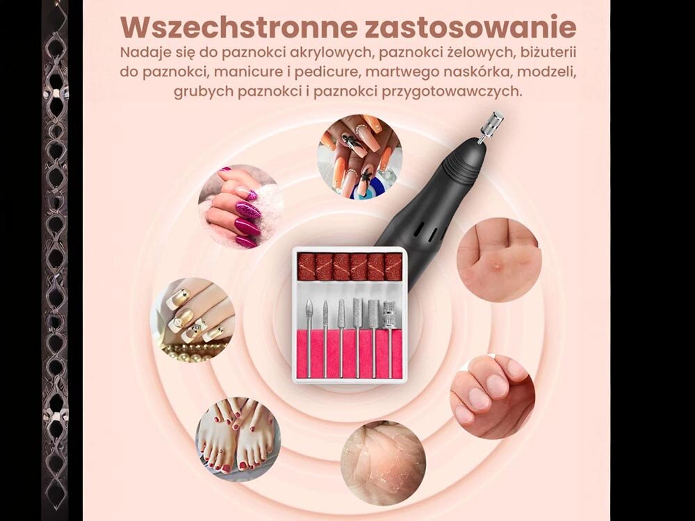 Frezarka do paznokci EXTRALINK Eu Plug 31825 6 diamentowych frezów, 6 taśm ściernych, kompaktowa budowa, łatwe przechowywanie