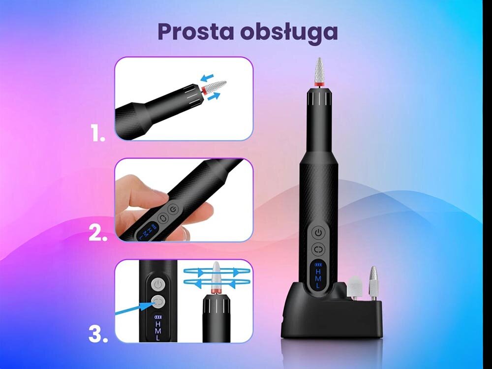 Frezarka do paznokci EXTRALINK 31832 wyświetlacz LED, poziom baterii, aktualna prędkość, 3 tryby prędkości