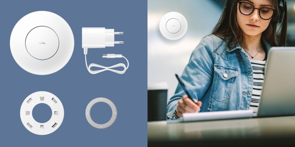 Punkt dostępu CUDY AP3000 Po lewej stronie rozłożony zestaw instalacyjny z punktem dostępowym, zasilaczem i elementami montażowymi. Po prawej stronie osoba pracująca przy laptopie, na ścianie nad nią zamontowany punkt dostępowy, zasilanie PoE, montaż