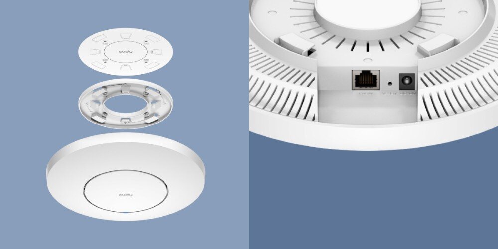 Punkt dostępu CUDY AP3000 Po lewej stronie rozłożony schemat montażu punktu dostępowego z widocznymi częściami. Po prawej stronie zbliżenie na gniazdo Ethernet i zasilania w podstawie urządzenia, tryby działania, funkcje