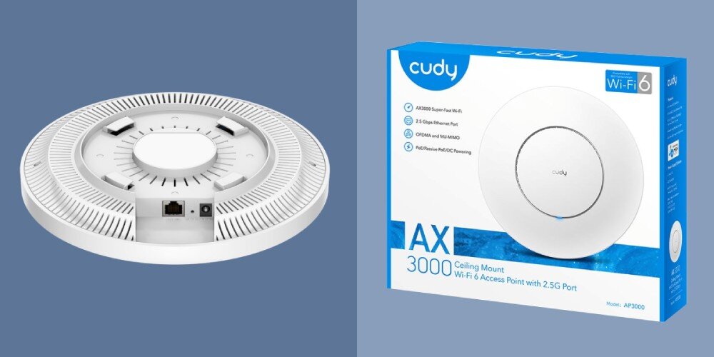 Punkt dostępu CUDY AP3000 Po lewej stronie widok od spodu na punkt dostępowy z widocznymi gniazdami i otworami wentylacyjnymi. Po prawej stronie opakowanie produktu z nazwą modelu i specyfikacją, zabezpieczenia, szyfrowanie WPA3, certyfikaty