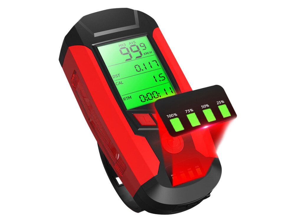 Lampka rowerowa BECOOL BC-FL1484 z licznikiem wskaźnik zużycia baterii stan baterii 100% 75% 50% 25% 4 kolumny