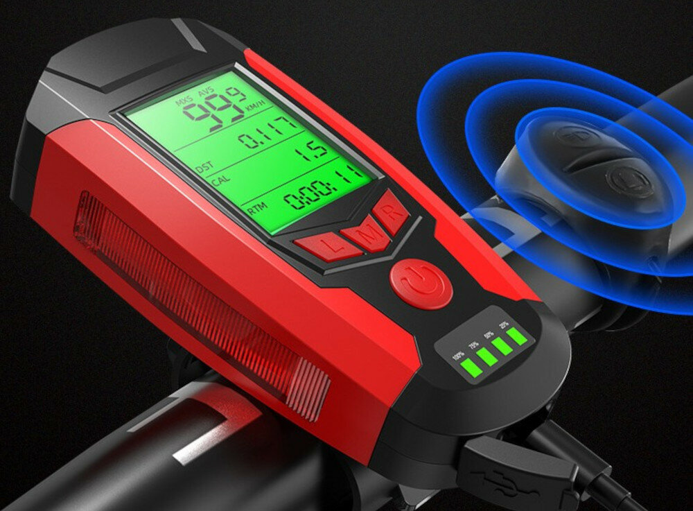 Lampka rowerowa BECOOL BC-FL1484 z licznikiem wbudowany system dźwiękowy 5 sygnałów dźwiękowych poręczne komfortowe w użyciu poziom hałasu 130 dB