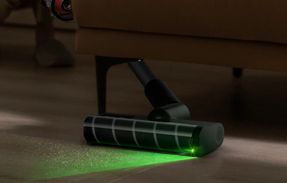 Odkurzacz DEERMA DEM-T30W szczotka pod kanapą zielone oświetlenie widoczne zanieczyszczenia stylowy design ułatwienie codziennych porządków lampa optyczna wykrywanie nawet najdrobniejszych zanieczyszczeń łatwe dostrzeżenie kurzu efektywne komfortowe sprzątanie