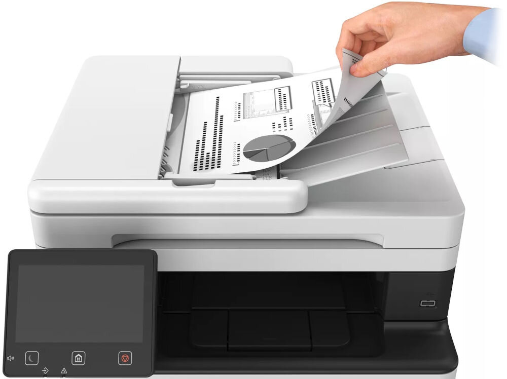 Urządzenie wielofunkcyjne CANON i-SENSYS MF465dw Automatyczny druk dwustronny, Wi-Fi zbliżenie na ekran i tacę ręka trzymająca kartkę papieru bezpieczeństwo, zabezpieczenie kodem PIN, przyciski, ekran