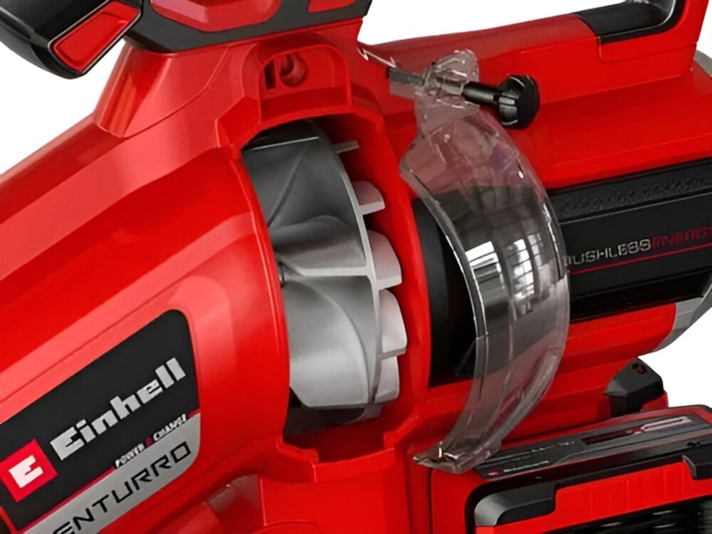 Dmuchawa do liści akumulatorowa EINHELL Venturro 36-240 3433640 zbliżenie na klapę serwisową klapa serwisowa z wyłącznikiem bezpieczeństwa szybki dostęp do wnętrza urządzenia bez ryzyka przypadkowego uruchomienia silnika oszczędza czas ułatwia konserwację pozwala utrzymać dmuchawę w czystości