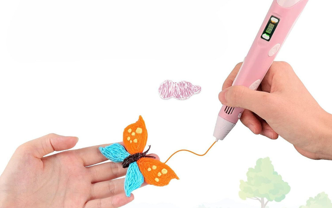 Długopis 3D EXTRALINK Smart Life ABS / PLA, Średnica dyszy 1.75 mm Czarno-czerwony prezentacja długopisu na dłoni wydrukowany kolorowy motylek białe tło dla początkujących prosty w obsłudze czas nagrzanie trójwymiarowe projekty łatwe do opanowania elementy sterujące