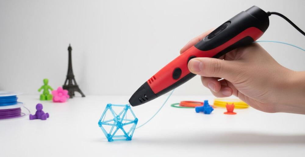 Długopis 3D EXTRALINK Smart Life ABS / PLA, Średnica dyszy 1.75 mm Czarno-czerwony prezentacja długopisu podczas użytkowania na białym blacie wydrukowane już modele