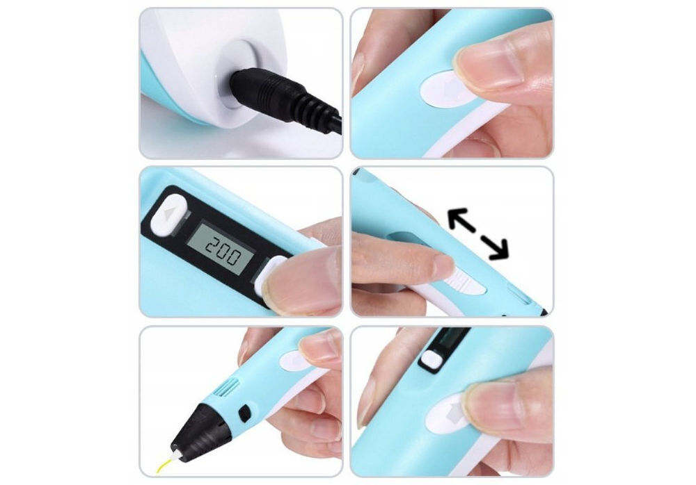 Długopis 3D EXTRALINK Smart Life ABS / PLA, Średnica dyszy 1.75 mm Czarno-czerwony prezentacja funkcjonalności długopisu przycisków ekranu białe tło filamenty regulowane ustawienia temperatury bezstopniowy system dozowania filamentu kontrola Wielofunkcyjność kontrola nad prędkością rysowania