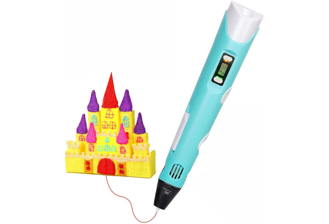 Długopis 3D EXTRALINK Smart Life ABS / PLA, Średnica dyszy 1.75 mm Żółty prezentacja długopisu z wydrukowanym obok zamkiem na białym tle prezent myślenie przestrzenne kreatywność umiejętności artystyczne dzieła sztuki kontrola